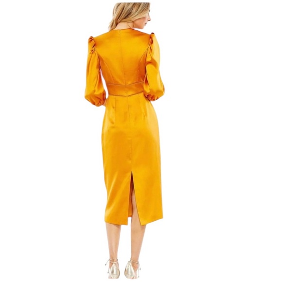 NWT Ieena for MacDuggal 26927 High Neckline Tea Length Dress in Marigold - Picture 2 of 7